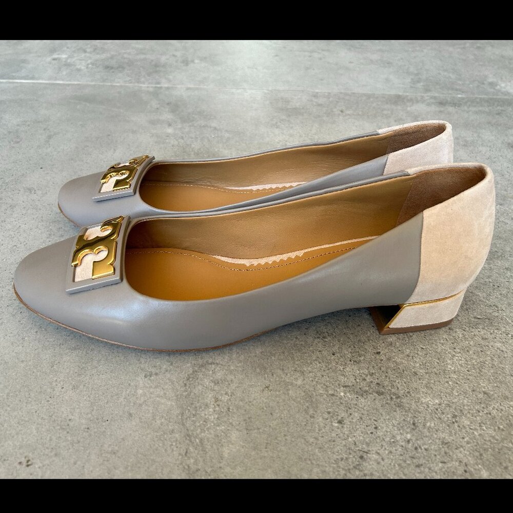 Tory Burch Grey Gold Leather Suede Women's shoes, size 10.5